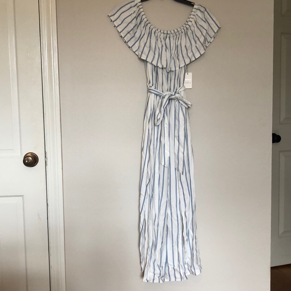 Blue &White Striped Off-Shoulder Ruffle Maxi Dress